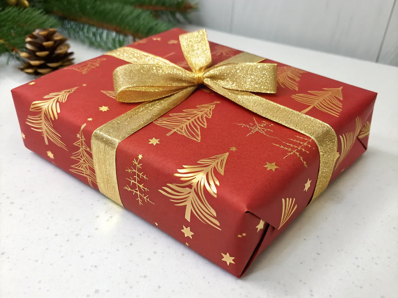 Christmas gift with red ribbon and gold accents
