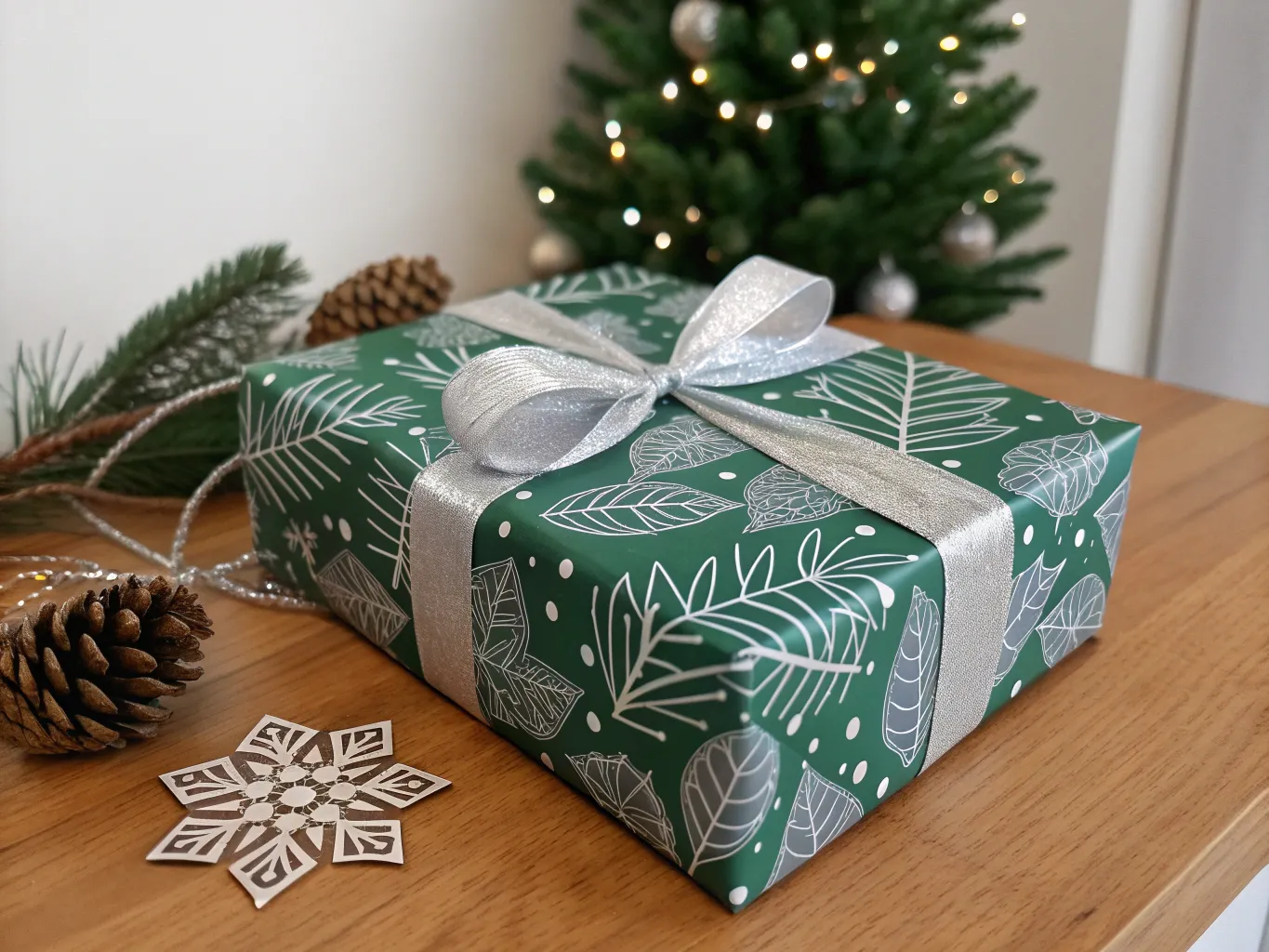 Elegant holiday present with green and silver wrapping
