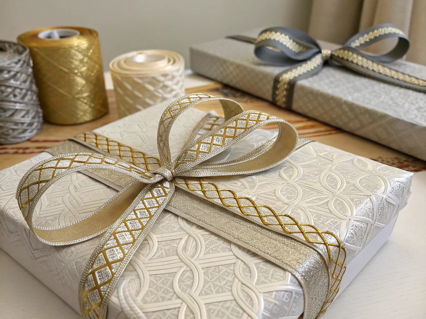 Luxury gift wrapping with intricate ribbon work