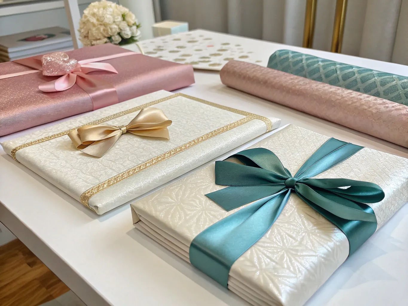 Premium wrapping materials including fine papers and silk ribbons